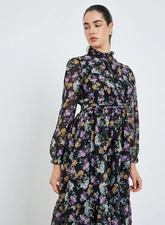 ستايلي فستان ميدي بحافة واسعة وطبعة أزهار للنساء